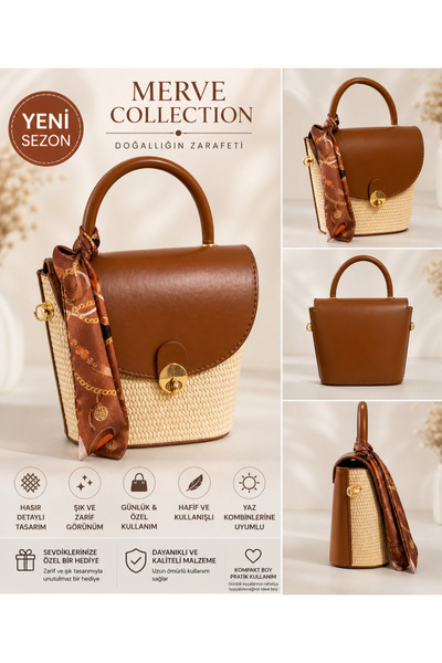 mervecollection Kadın Hasır Detaylı El ve Omuz Çantası Şık Mini Çanta Yazlık ...