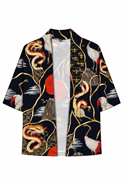 Vatkalimon Kadın Erkek Dragon Desenli %100 Pamuk Viskon Kimono