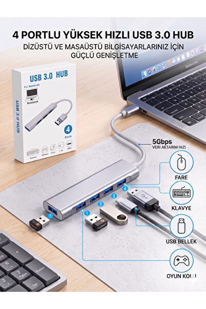 hom sel USB 3.0 Hub 4 Portlu Yüksek Hızlı Çoklayıcı 5Gbps Slim Alüminyum Görü...