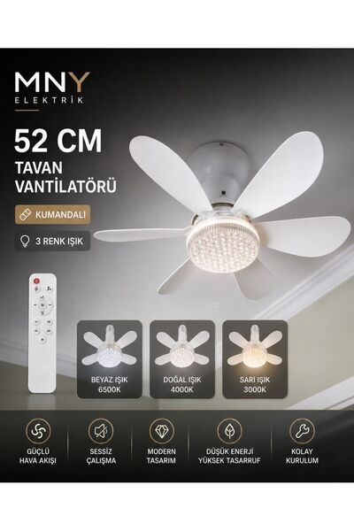 mny elektrik TAVAN VANTİLATÖRÜ KRİSTAL SESSİZ 6 KANAT KUMANDALI 3 RENK IŞIK Ö...