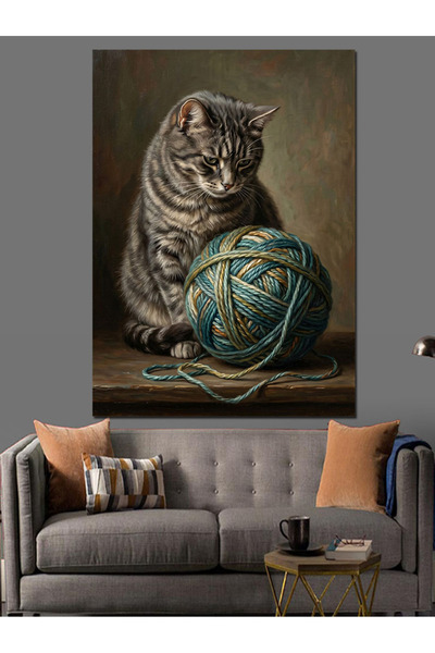 Artmeg Gray Cat Playing with a Wool Ball Decorative Canvas - Mdf Wooden Frame