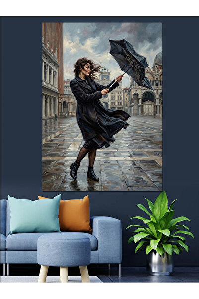 Artmeg Lonely Woman Walking in the Rain with an Umbrella Decorative Canvas - ...