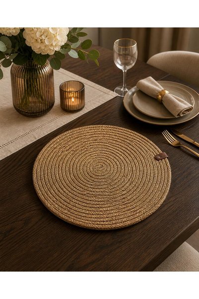 SHLM TEKSTİL 32X32 Straw Color Jute Supla Set of 6 American Service Set - Luxury American Service Set / Stitched, Non-Removable