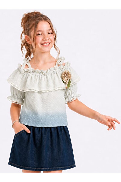 İrem Çocuk Giyim Girl's Floral Detailed Blouse with Elastic Sleeves and Shoul...