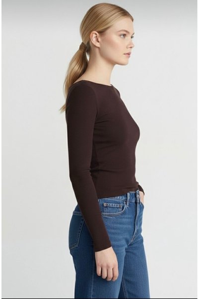 4Soul Boat Neck Long Sleeve Top-Acı Brown