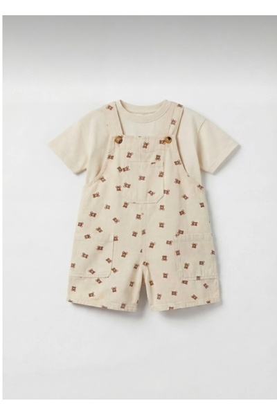 Mono Kids Unisex Pamuklu Ayıcık Desenli Salopet Tişört 2’li Takım