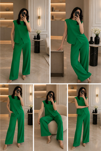 get crazy collection Kadın Keten Görünümlü Yırtmaç Detaylı Bluz Palazzo Pantolon İkili Takım