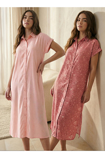 FAV Midi Length Night Dress Short Sleeves Printed Viscose - Set of 2