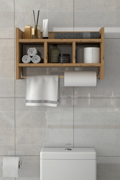 PROMODÜL Tuvalet Üstü Raf – Doğal Ahşap - Şık Banyo Organizeri, 3 Katlı Kolay...