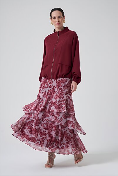 SBL DESIGN Women's Burgundy Zippered Jacket and Patterned Layered Skirt Suit