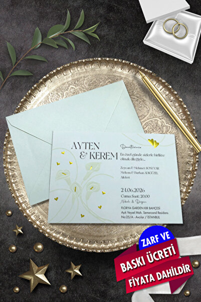 Cem Davetiye Düğün Nişan Nikah Kına Davetiyesi 3185 (100 ADET) Baskı Dahil