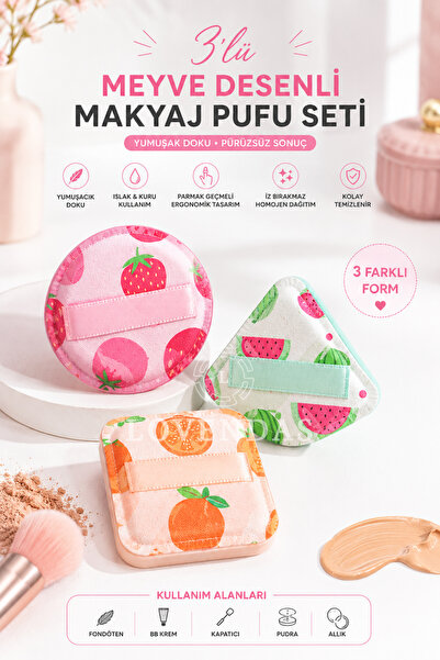 Lovendas Meyve Desenli 3'lü Makyaj Puf Süngeri Yumuşak Dokulu