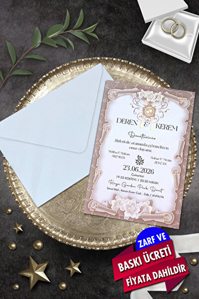 Cem Davetiye Düğün Nişan Nikah Kına Davetiyesi 3226 (100 ADET) Baskı Dahil