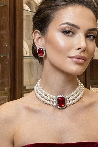 Happyline Cam İncili Gümüş Kaplama Tasma Bordo Taşlı Choker Baget Kolye Özel ...