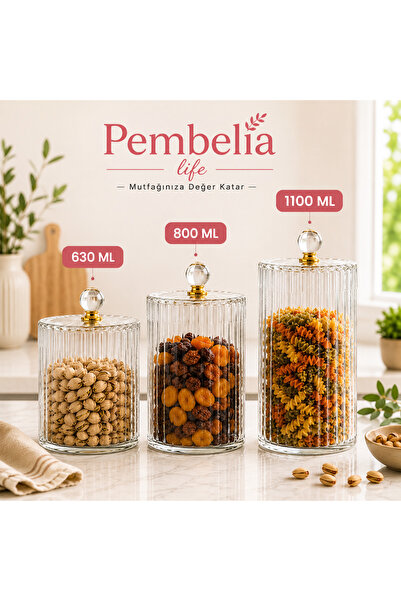 Kitchen Pembelia 3’lü Gold Detaylı Cam Çay Şeker Kahve Tuz Saklama Kavanoz Seti Cam Organizer Kavanoz Takımı