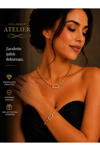 Liva Group Atelier Premium Tifany Gold Zirkon Taşlı Halka Bileklik & Kolye Set