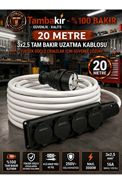 r Rosso Levanto İş Yeri Uzatma Kablosu - 20 metre, 4'lü Grup Priz ve Fiş, 3x2...