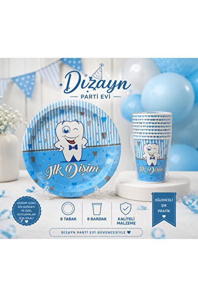 Dizayn Parti Evi İlk Dişim Temalı 8 Kişilik Parti Seti 8 Tabak 8 Bardak Pembe...