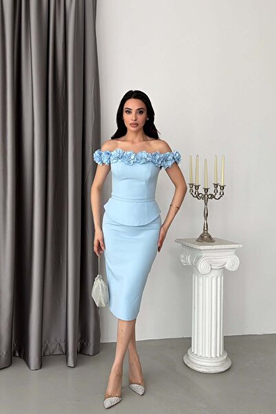 Serica Moda Baby Blue Boat Neck Floral Detailed Midi Evening Dress