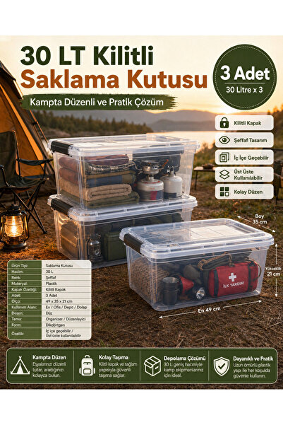 biedda 3 Adet 30 LT Kilitli Saklama Kutusu Şeffaf Plastik Kapaklı Organizer Düzenleyici Kutu
