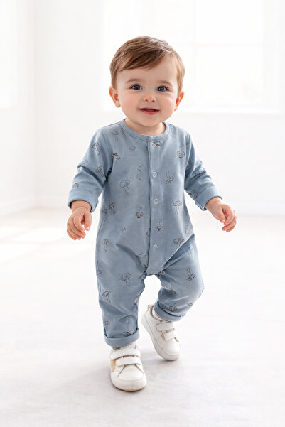 OUTLET Isyis Baby Mushroom Patterned Snap Fastener Long Sleeve Jumpsuit