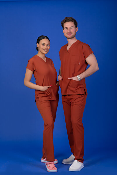 BAŞARAN UNİFORMA Tek Üst Unisex Kalıp Kiremit Likralı Hemşire / Doktor Formas...