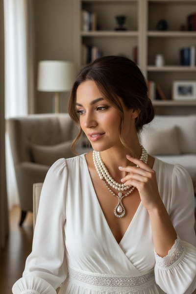 FAYRA ACCESSORIES Zirkon Taşlı Su Damlası ve Su Yolu Zincirli 3 Sıra İnci Kolye
