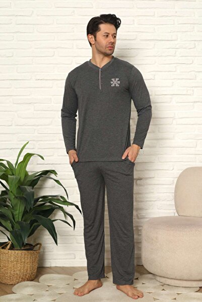 ALİMER Men's Pajama Set - Anthracite Embroidered Long Sleeve Combed Cotton 11...