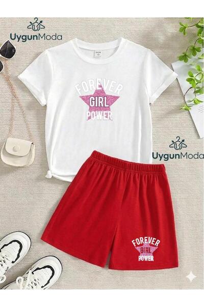 UygunModa Girl Star Printed T-Shirt Shorts Summer Children's Set