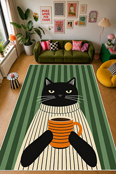 Pinterest Kedi Figürlü Baskılı Kaymaz Yıkanabilir Salon Oturma Odası Mutfak Antre Halısı Yolluk