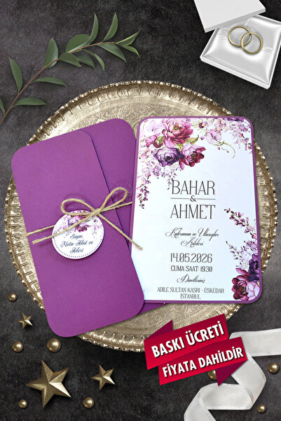 Cem Davetiye Düğün Nişan Nikah Kına Davetiyesi 967 (100 ADET) Baskı Dahil