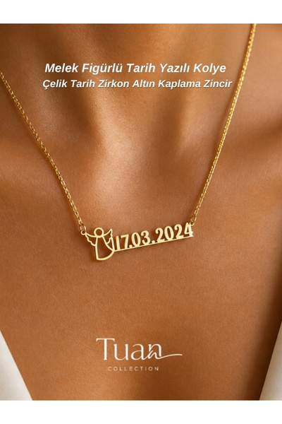 Tuan Collection Angel Silhouette Date Written Gold Necklace Gift Steel Zircon...
