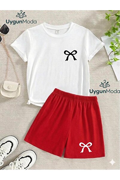UygunModa Mini Ribbon Printed T-Shirt Shorts Summer Children's Set