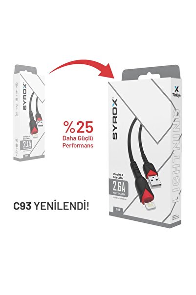 Syrox C93 2.6A Hızlı Şarj ve Data Kablosu - iPhone Uyumlu Lightning
