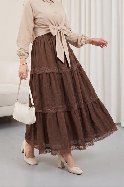 Modamorfo Elastic Waist Lace Detailed Embossed Lined Voile Skirt - Brown