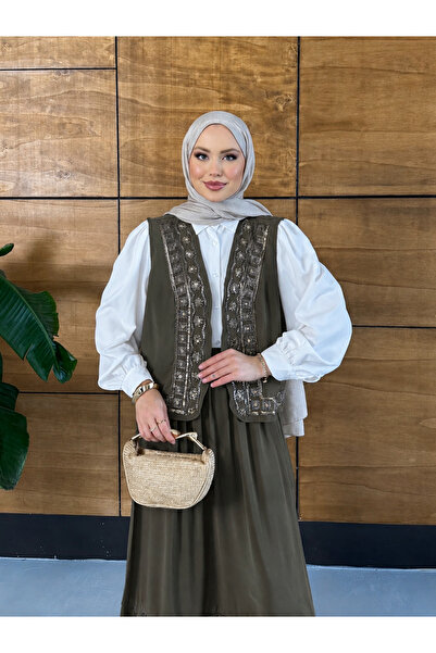 Miss Allos Kadın Nakış İşlemeli Keten Yelek Etek İkili Takım