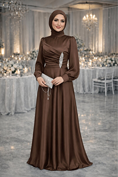 Abiye Diyarı Lusia Stoned Draped Satin Hijab Evening Dress
