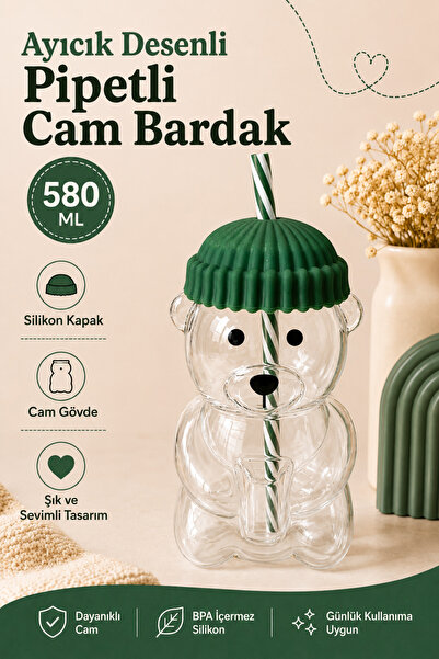 Poomy 580 ml Ayıcık Figürlü Pipetli Cam Bardak Silikon Kapaklı Isıya Dayanıklı