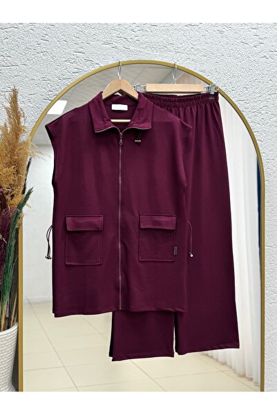 BENAHOLL Delelle Waist Tunnel Double Pocket Turtleneck Vest Suit-Mf669 Plum