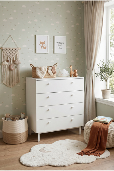 Robin Home Bebek Odası Çocuk Odası Geniş Şifonyer 4 Çekmeceli Ahşap Ayaklı Beyaz