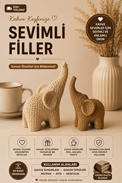 Lumis Home Sevimli Fil Biblo Seti – 2 Parça Örgü Görünümlü Dekoratif Fil
