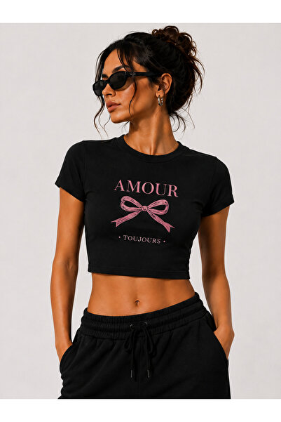 EVIus Γυναικείο μπλουζάκι Amour Toujours με στάμπα κορδέλας, 100% βαμβάκι Lycra