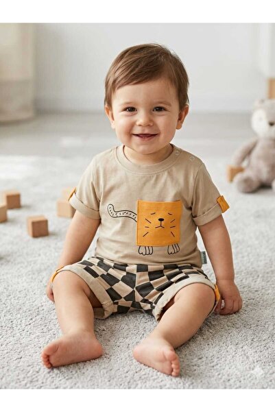 DOLCE KİDS Checkered Lion Printed Shorts Baby Boy Summer Two-Piece Set