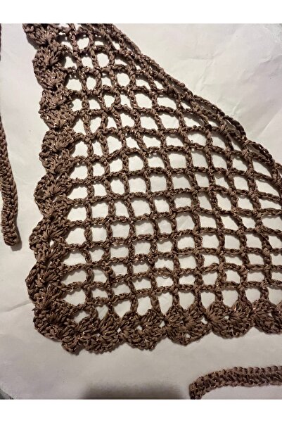 lunera El Yapımı Açık Kahverengi Floşlu Örgü Bandana - %100 Pamuk Boho Saç Ak...