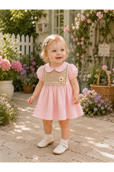 Minicix Baby Girl Collared Pink and White Summer Wedding Birthday Dress 9-12-18-24 Months