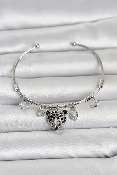 Generic Brand Brass Silver Color Leopard Detailed Charm Women's Bracelet