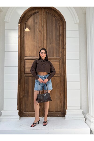 Myra Fashion Oversize Crop Gömlek Geniş Kesim Uzun Kol Bluz Kadın Trend Gömle...