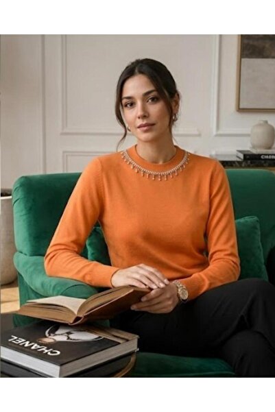 RECEP AYDIN Long Sleeve Crew Neck Sweater with Stone Detail