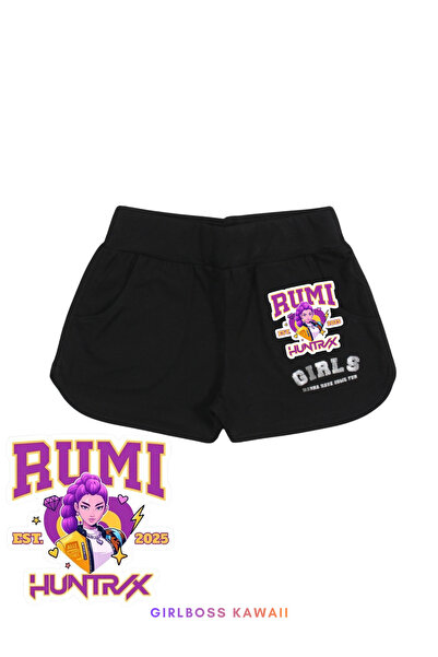 Girlboss Kawaii Rumi baskılı siyah spor şort , oval kesim , demon hunters , k...