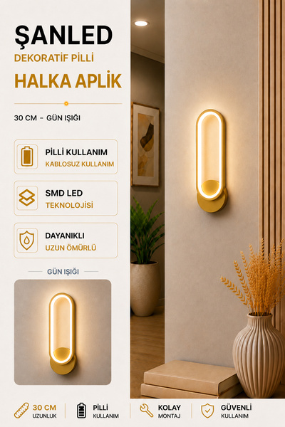 ŞANLED Dekoratif 20W Halka Modeli İç Mekan Gold Kasa Gün Işığı 30 cm Duvar Ap...